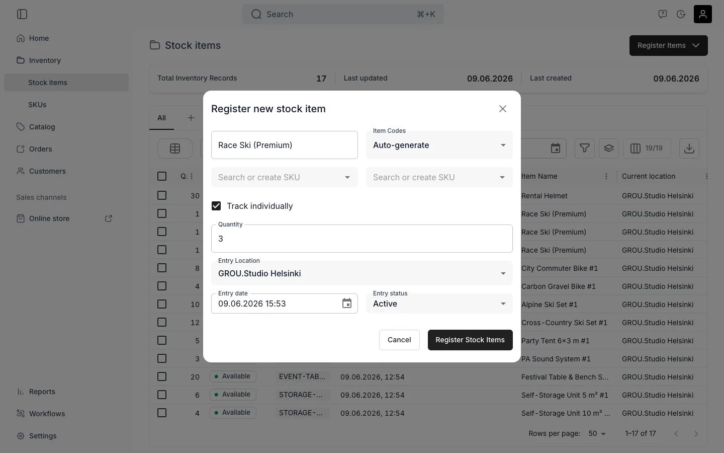 TWICE Commerce Register new stock item dialog with Track individually checkbox checked, quantity 3, item name Race Ski (Premium)