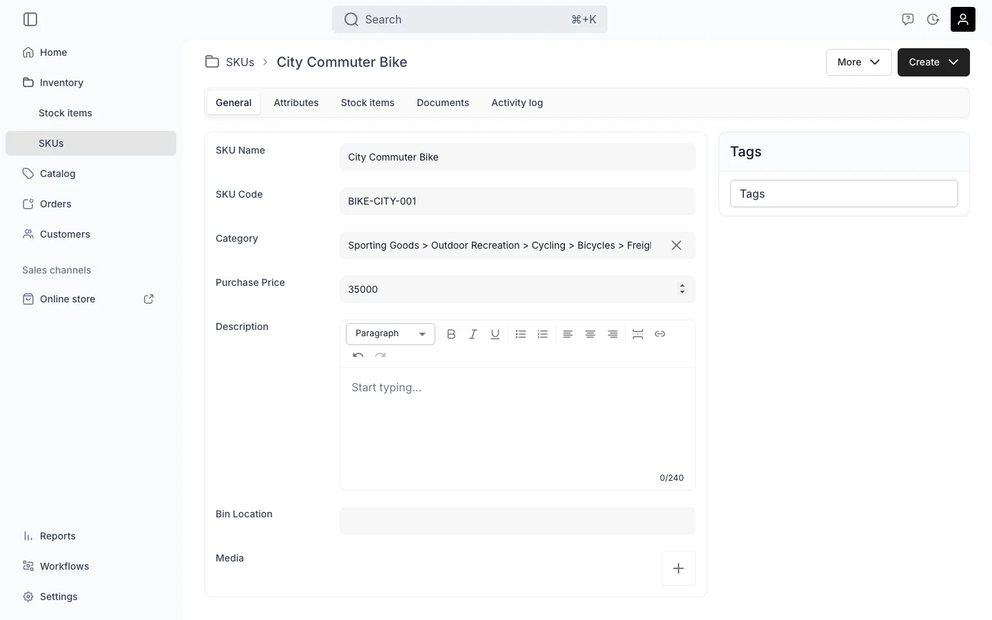 TWICE Commerce SKU detail page showing a City Commuter Bike SKU — the template that cascades name, code, category, and attributes to every linked Stock Item