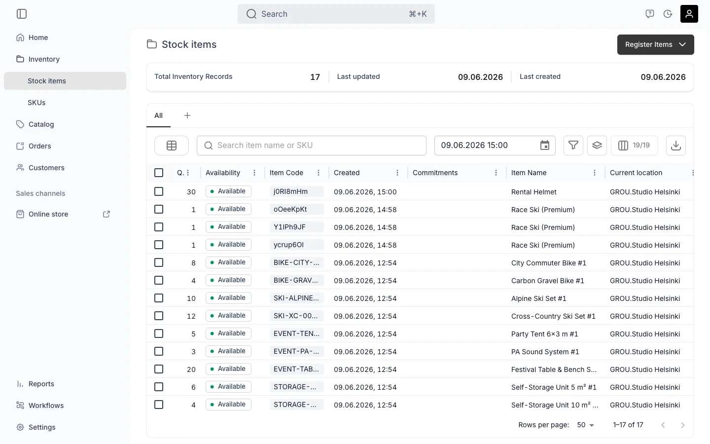 TWICE Commerce Stock Items table showing physical units — each row is one Stock Item with its own item code, quantity, location, and availability
